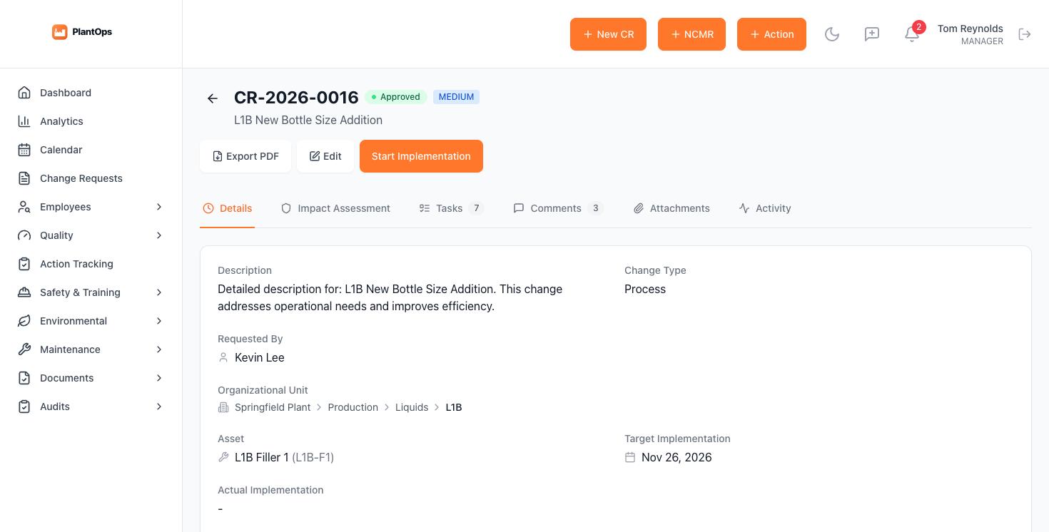 A change request detail page with description, asset and target implementation date