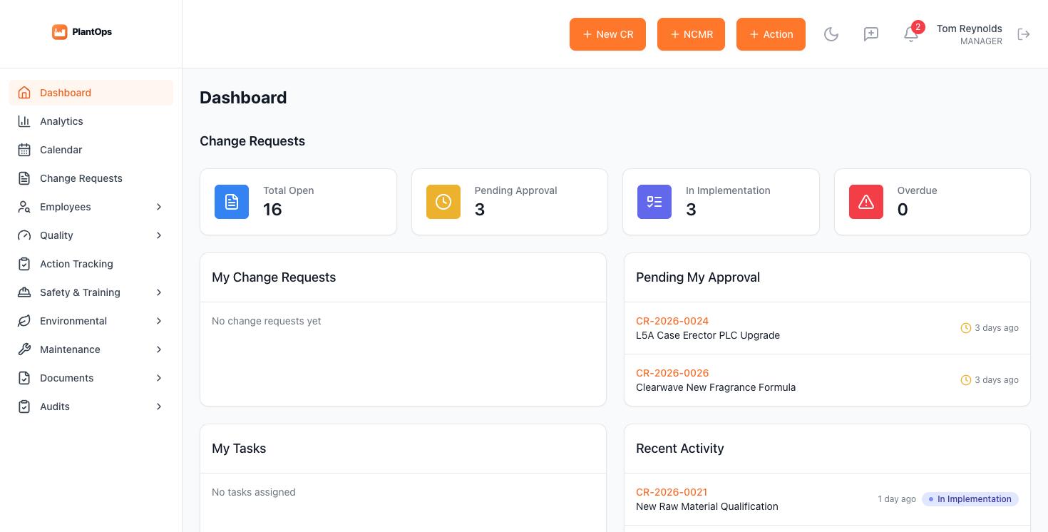 Dashboard with open change requests, pending approvals and recent activity